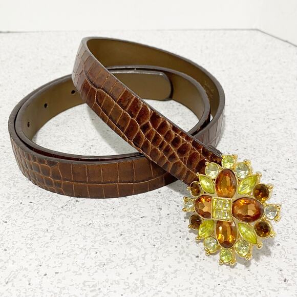Liz Claiborne Y2K belt brown moc croc with colorful rhinestone buckle size L - Picture 1 of 9